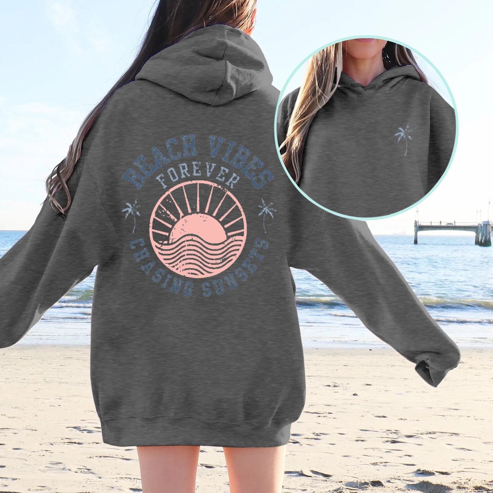 

Women's Round Neck Hoodie Sweatshirt Seaside Beach Sunrise Sunset Collection Top Womens Hoodies Zip up