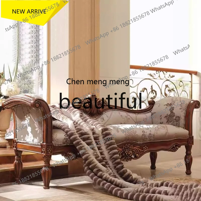 

X M132 Solid wood bedside stool sofa fabric retro living room backrest leisure chair bedroom carved bed bench