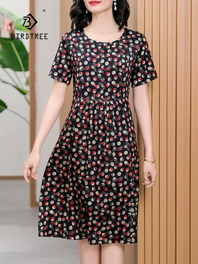 

BirdTree, 91%Real Silk Elegant Dresses, Women Short Sleeve Satin Printed, Vintage Temperament Large Dress, 2024 Summer D44410QC