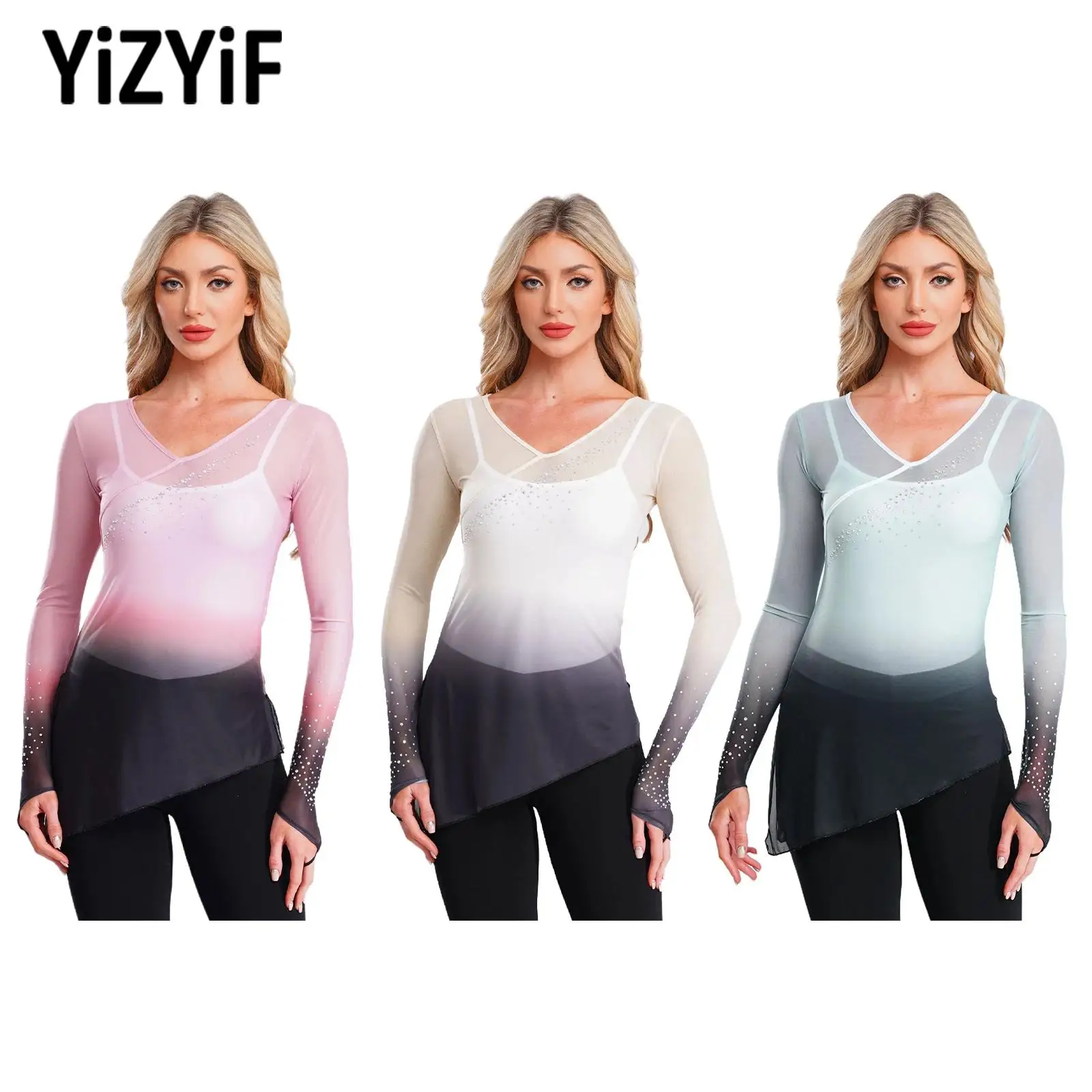 

Long Sleeves Classical Dance Costume for Womens Gradient Rhinestones Mesh Yoga Tops for Practice Performance Lyrical Dancewear
