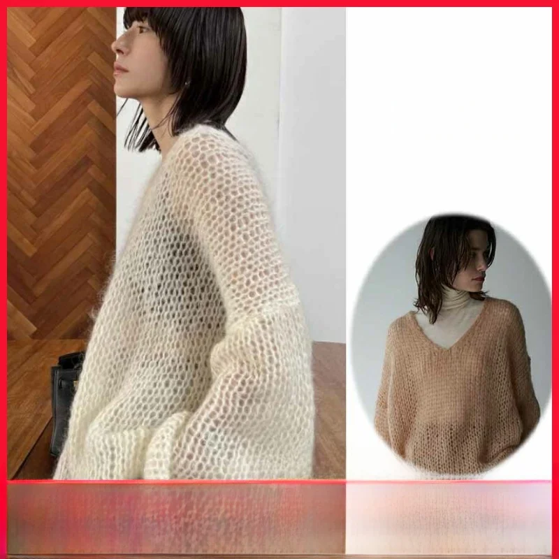 

CLANE Senga Nakahara 22aw Sexy Loose V-ne See-tough Hollow-out Knitted Sweater Women's Top Faionable Breathable