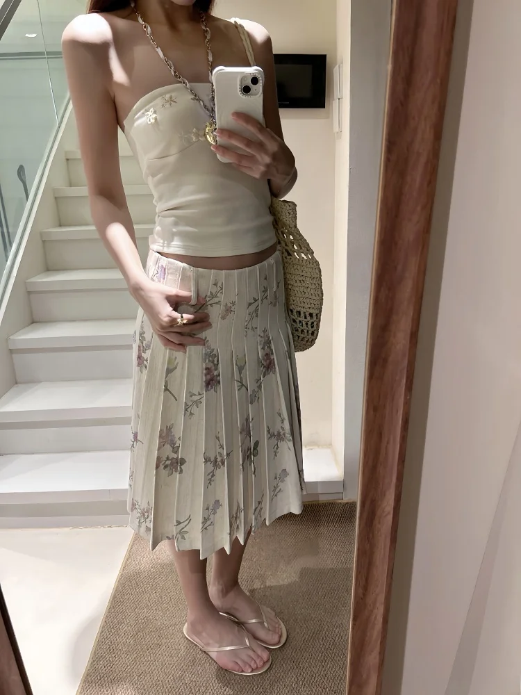 Low Waist A-Line Midi Skirt for Women Summer Commute Style Floral Illustration Print Versatile Half-length Korean Version