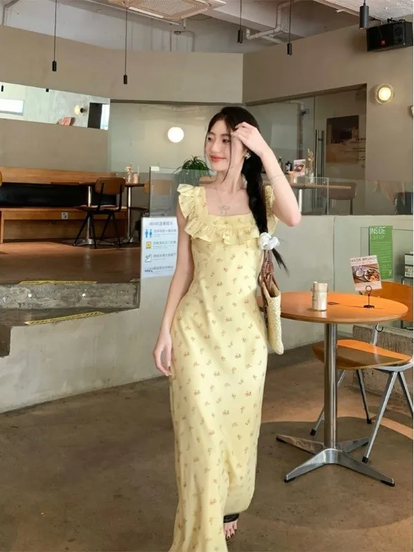 Maxi Dr Summer Vaion con estampado floral amarillo, vestido informal de Svel para mujer, falda ligera y transpirable de fibra de poliéster