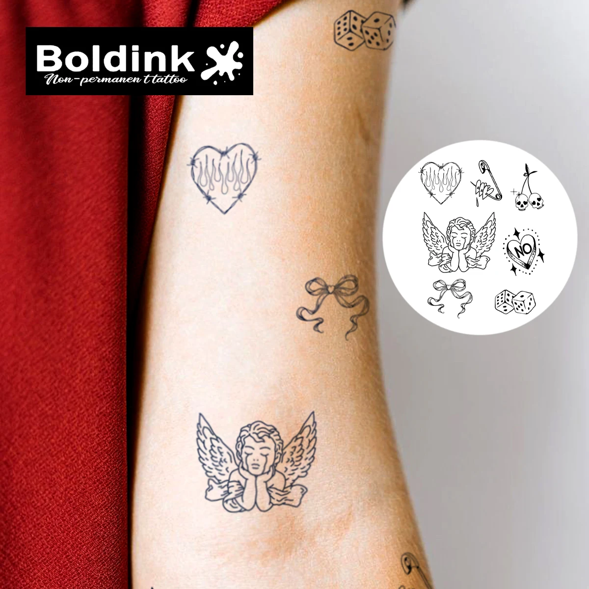Boldink Dark Tattoo Patch Set -9 Gothic Designs (Heart/Skull/Angel/Dice) | 1-2 Week Durable Waterproof|