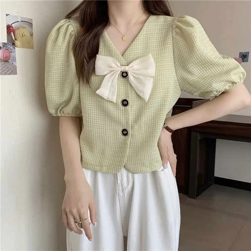 Cropped Shirts Women Summer V-neck Sexy Fashion Elegant French Style Puff Sleeve Tender Streetwear Popular Chic Young Office Ins