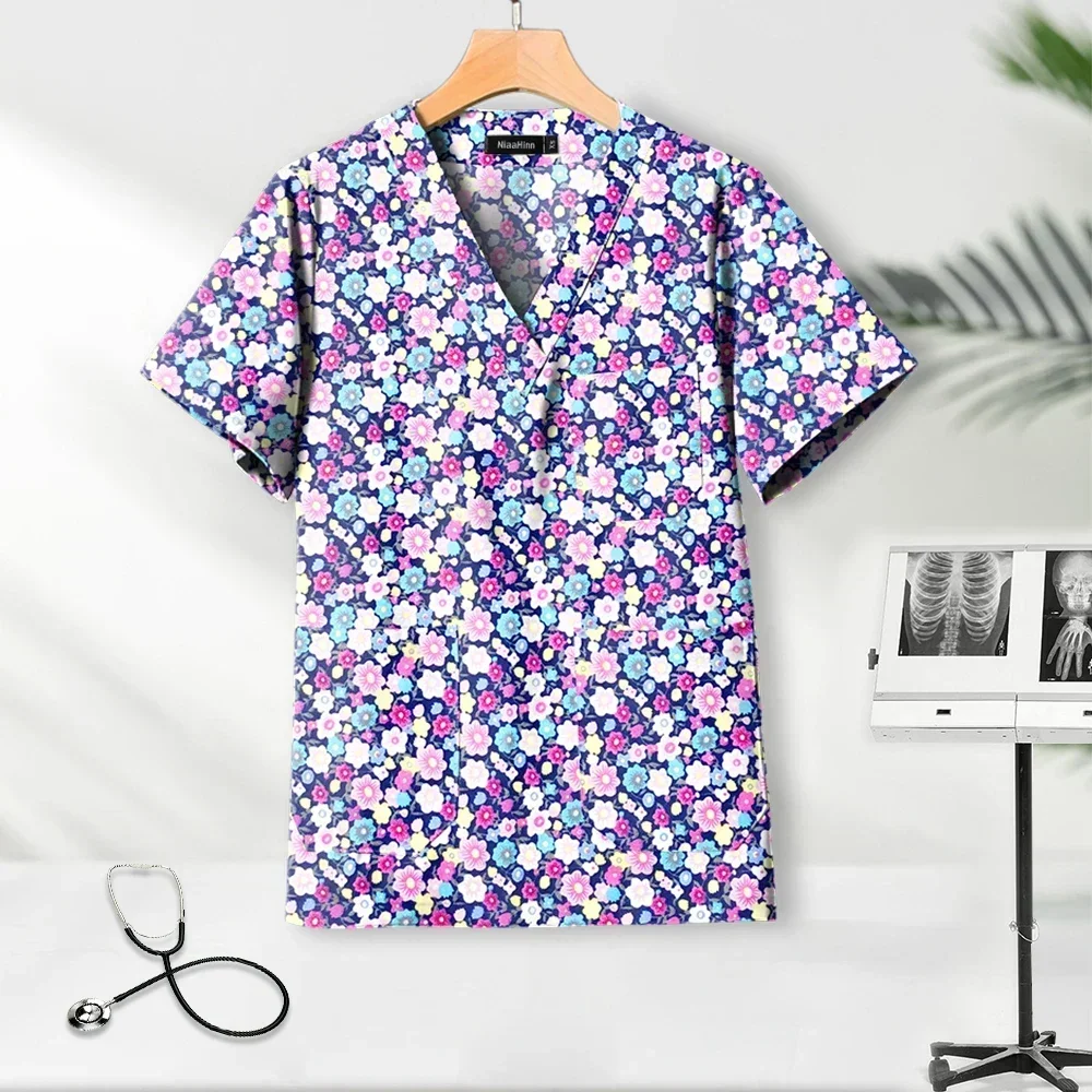 Algodão impresso esfrega uniforme para enfermeira e médico, tops de manga curta, roupas de trabalho respiráveis, uniforme spa, vendas quentes, moda cirúrgica