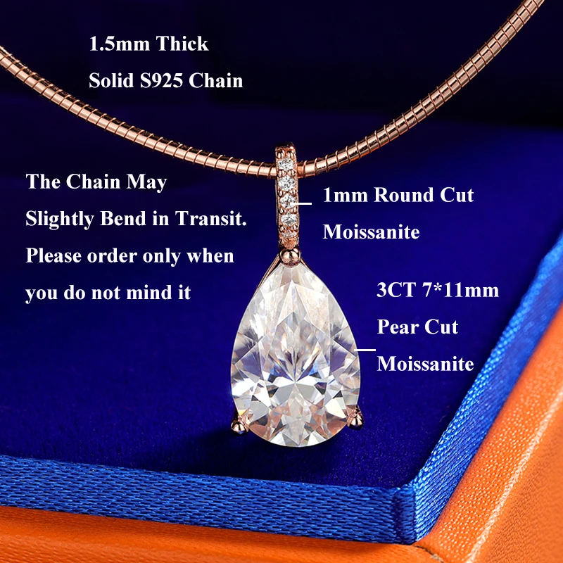 EWYA 3ct الكمثرى قطع سوليتير مويسانيتي الماس قلادة القلائد النساء الزفاف s925 الفضة 1.5 مللي متر الصلبة المختنق سلسلة عنق هدية