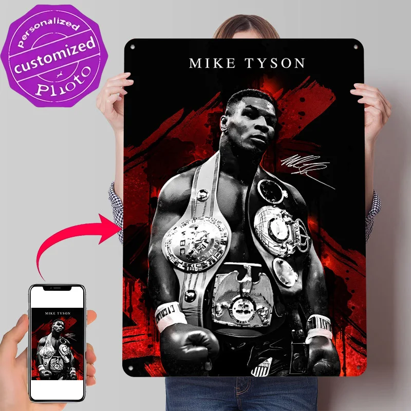 Mike Tyson Portrait With Championship Belts Personalized 3D Textured Metal Poster Wall Art Tinplate Sign for Funny Signs House