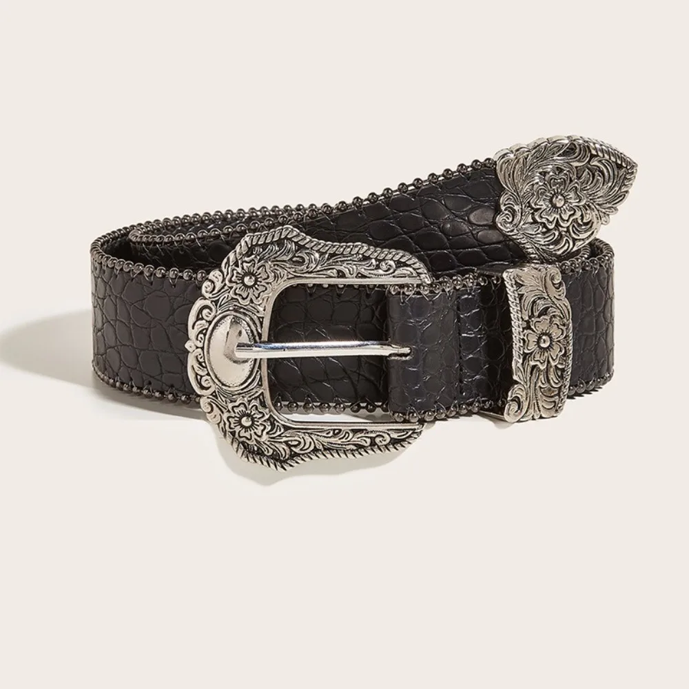 

Casual Retro PU Leather Belt Versatile with Metal Engraved Buckle Pin Buckle Belt Luxury Western Cowboy Belt Unisex