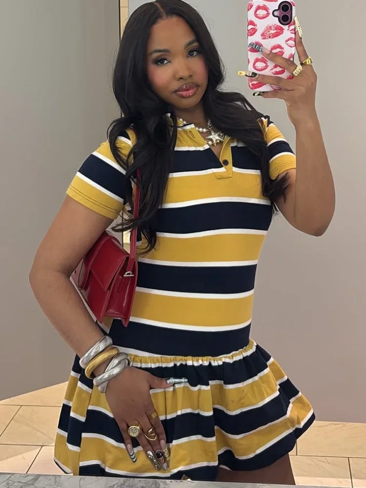 Lady Stripe Polo Collar Mini Dress Yellow Black Lapel Waist-cinching Ruffled Hem Dress Daily Street Casual Outing Outfit