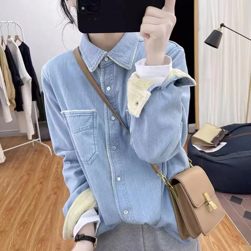 Korean Autumn Winter Fashion Velvet Long Sleeve Denim Shirt Women\'s Shirt Blouse 2024 Thickened Warm Denim Jacket Coat Top