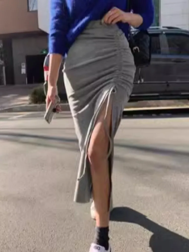 تنورة نصفية مثيرة متوسطة الطول غير متماثلة مع رباط للنساء للخريف والشتاء بخصر عالٍ متعدد الاستخدامات