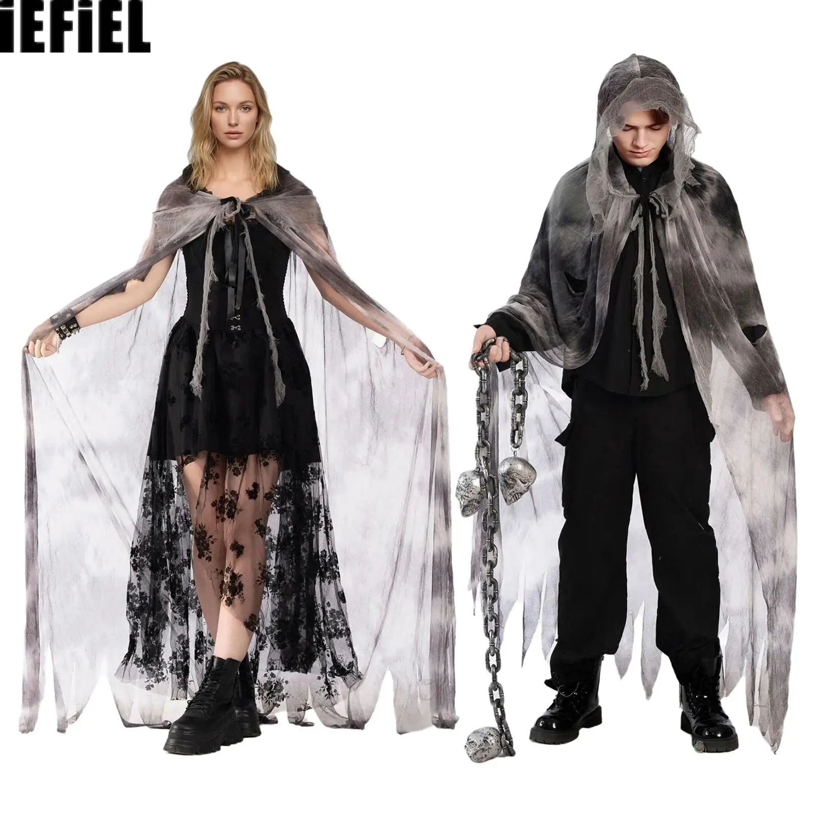Men Women Halloween Hood Cloak with Exaggerated Ripped Mesh Lace-up Cape for Adults Cosplay Theme Party Masquerade