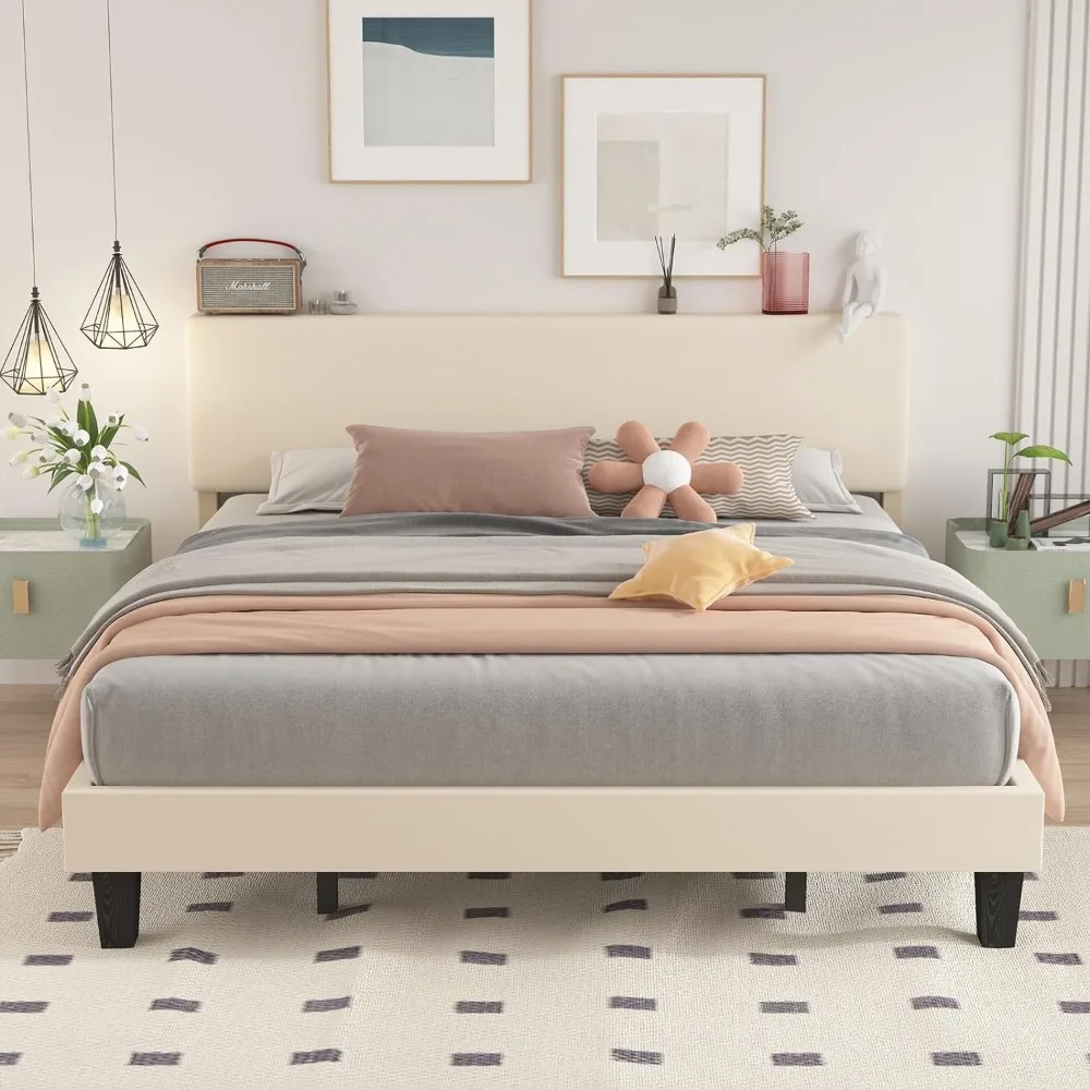 Queen Size Bed Frame with Adjustable Headboard Linen Fabric Upholstered, No Box Spring Needed, Sturdy Wood Slat Support,Beige