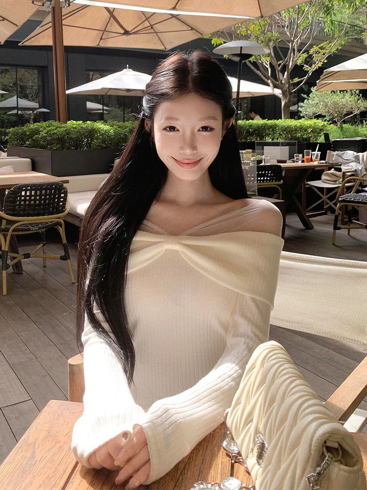 

Ele Long Sve вязаный свитер женский Slim Fit Me в стиле пэчворк на одно плечо, осенне-зимний топ с узлом