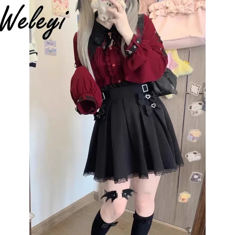 Y2k Wine Red Long Short Sleeve Shirts Ropa Mujer Halloween Blood Sucking Ji Sweet Blouses Cool Mine Style Bat Lace Collar Tops