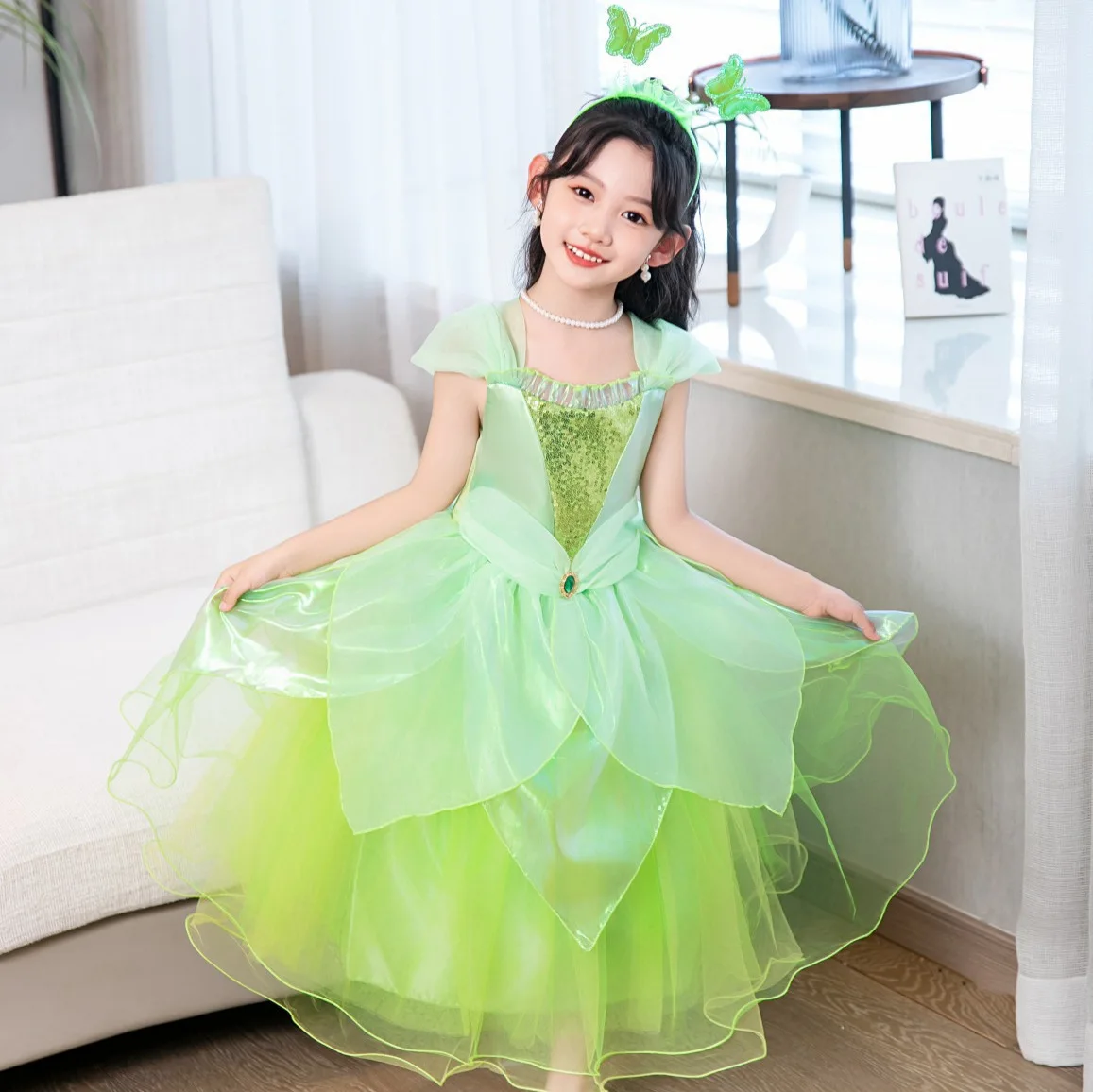 High Quality Frog princess Tiana Halloween Costumes for Kid Girl Movie Cosplay Princess Dress for Carnival