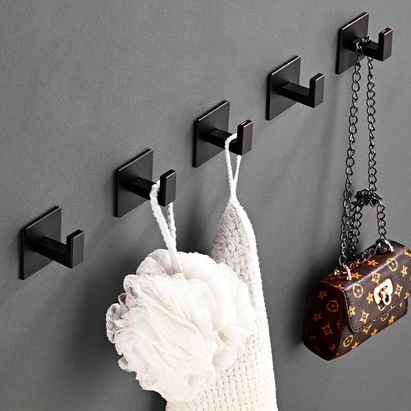 2pcs Strong Adhesive Wall Hook Sticker Hanging Coat Rack Clothes Hanger Shower Robe 3M Hook Kitchen Bathroom Towel Hooks Black