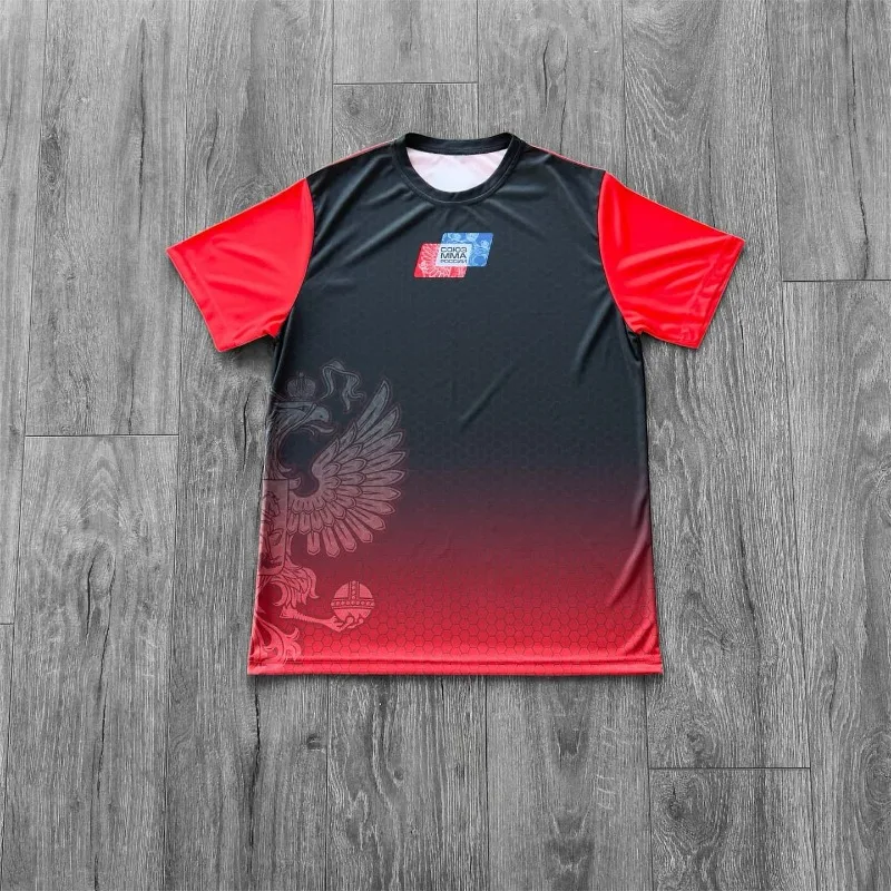 2026 New Black and Red Gradient Combat Quick-Drying T-Shirt with Double-Headed Eagle Design, Men's Fitness Training Sports Top