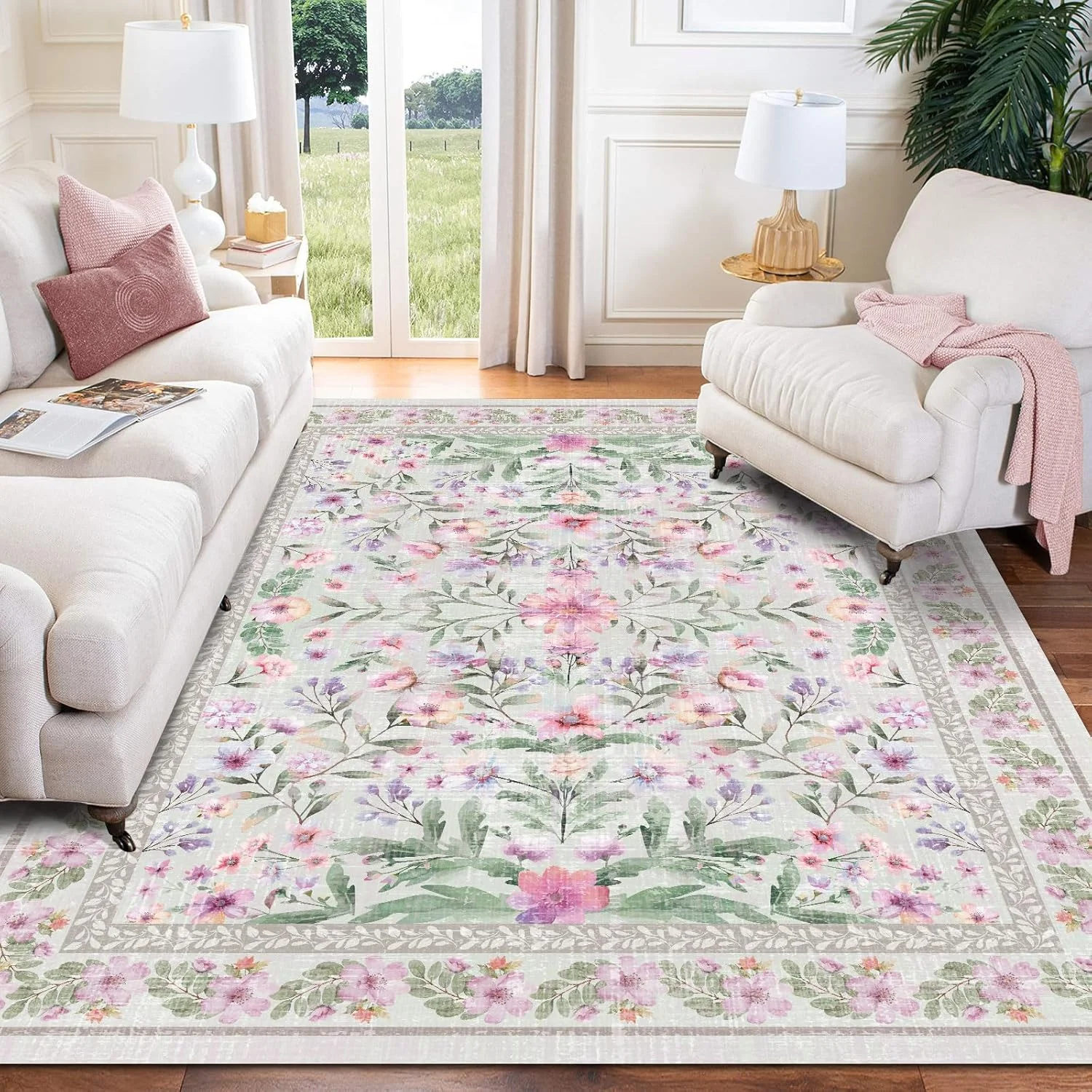 Modern Parisian Garden Floral Green Rug for Living Room Floral Aesthetic Ornate Home Decor Anti-slip Washable Floor Mat Door Mat