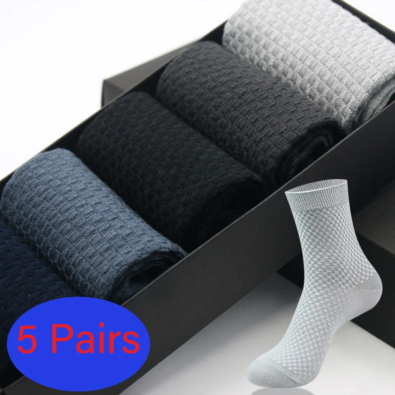 5 Pairs/Lot Men's Bamboo Fiber Socks Long Harajuku for Business Solid Color Cotton High Quality Black Sock