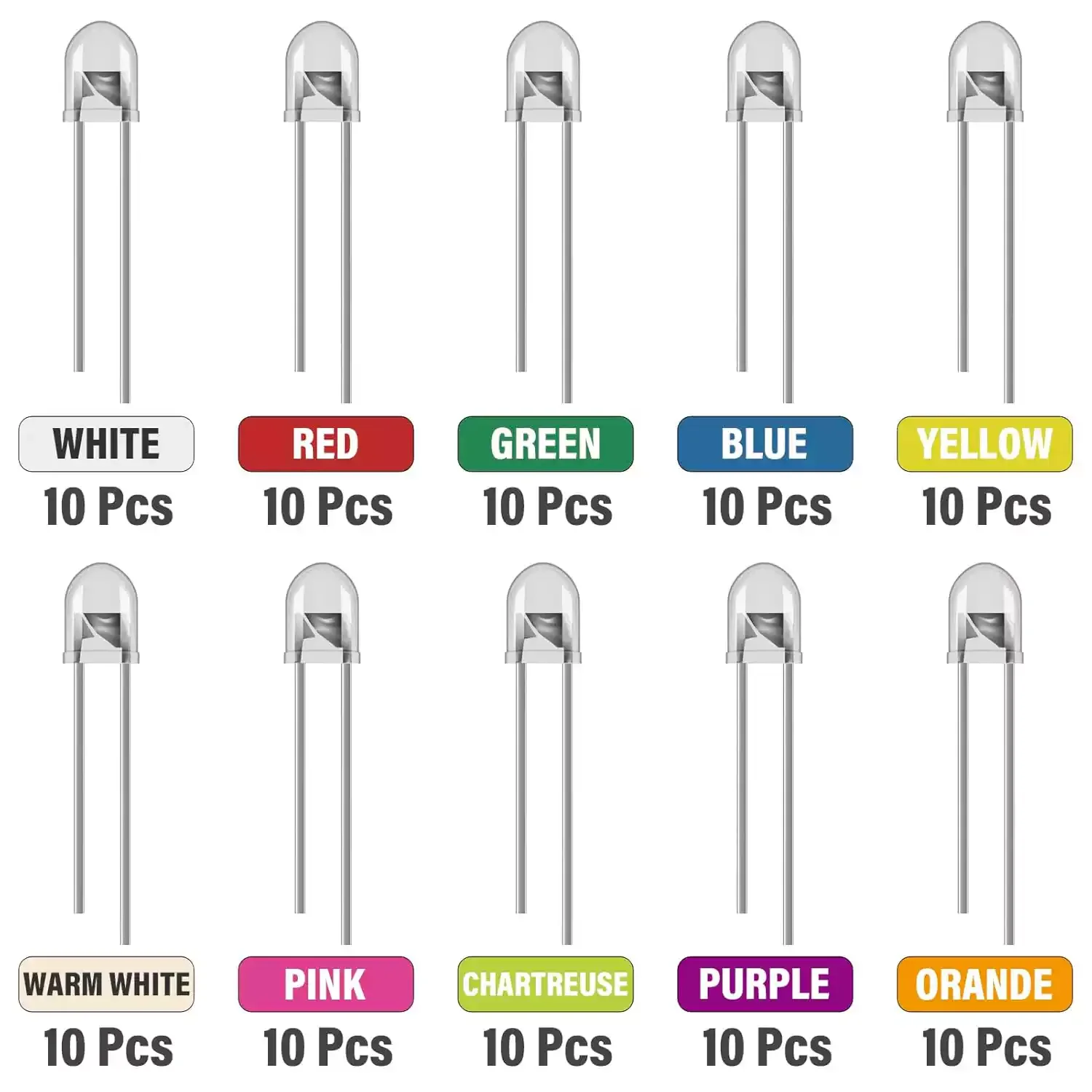 100/200PCS 5MM Round LED Diode Assortment Warm White Red Orange Yellow Green Blue Violet Pink 10 Colors DIY Electronic Component