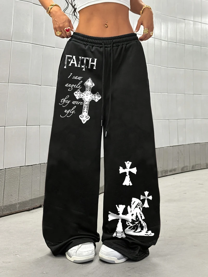 

Women's Trendy Black Joggers with White Skull & " Disorder" Print - Casual Hip-Hop Style Drawstring Straight-Leg Sweatpants
