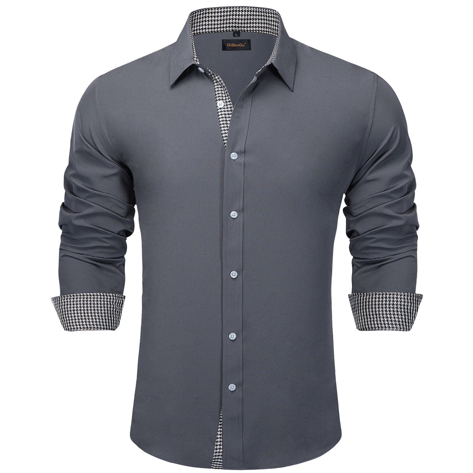 Men\'s Long Sleeve Dress Shirt Grey Solid Casual Button Down Collar Fashion Polyester Shirts for Men Clothing