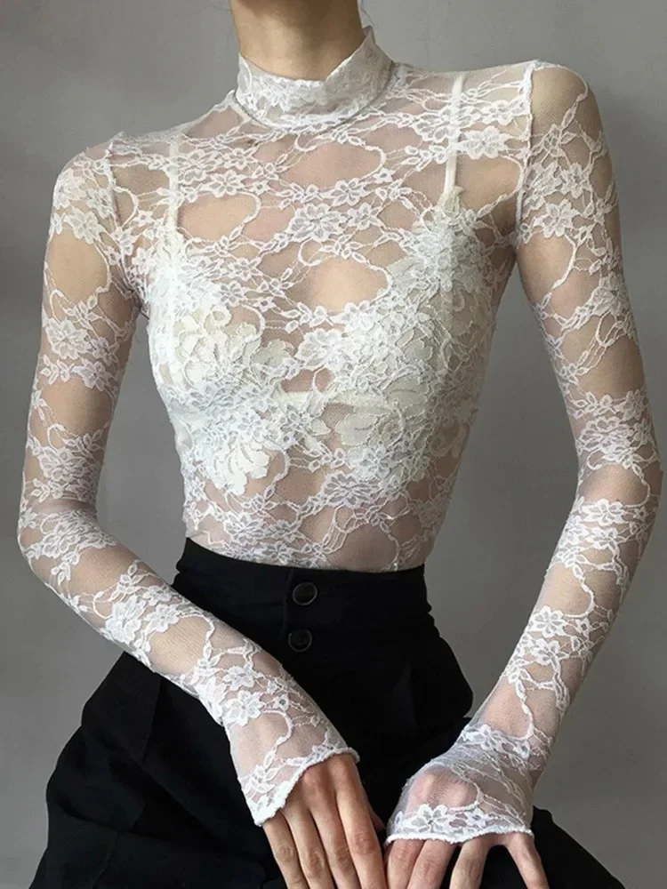 Women's Lace Floral Crop Tops Fairy Grunge White Long Sleeve Mock Neck Mesh See Through Floral Slim T-shirts Y2k Club Streetwear