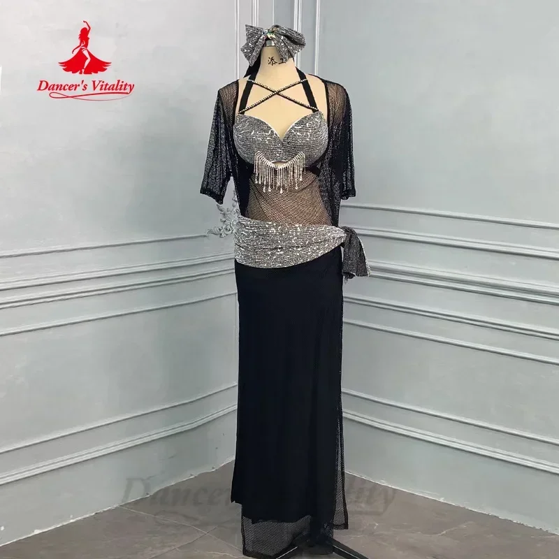 Conjunto de roupas de dança do ventre feminino personalizado borla sutiã + lenço + cinto + saia longa + malha robe 5 pçs traje de desempenho de dança oriental