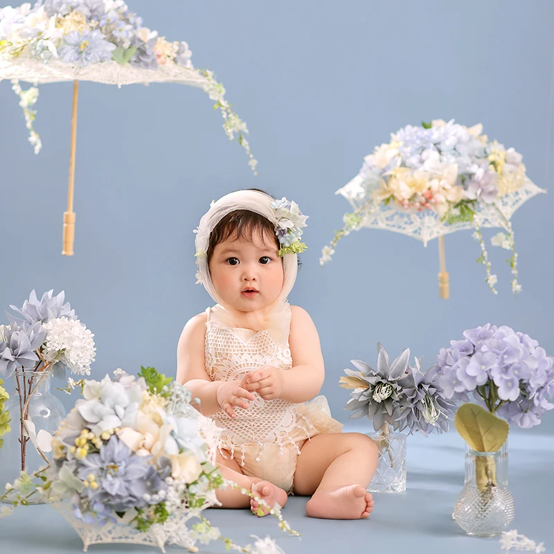 Baby Mädchen Kleidung süße Spitze Kinder einteilig Neugeborenen Body 0 bis 24 Monate süße Blumen netz Kopftuch Studio Foto Outfit