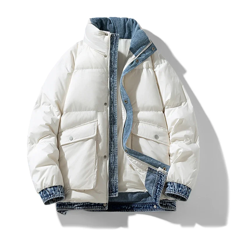 YEAE Winter New Style Stand Collar Light Denim Fake Two-piece Down Jacket for Men and Women White Duck Down Short Men\'s Jacket