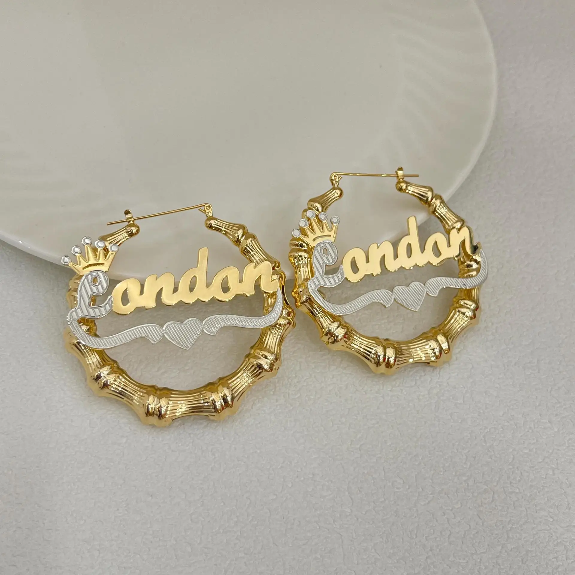 Custmized Two-color Heart round Big Bamboo for Women Name Earrings Personalized Stainless steel Jewelry Set Christmas Gifts