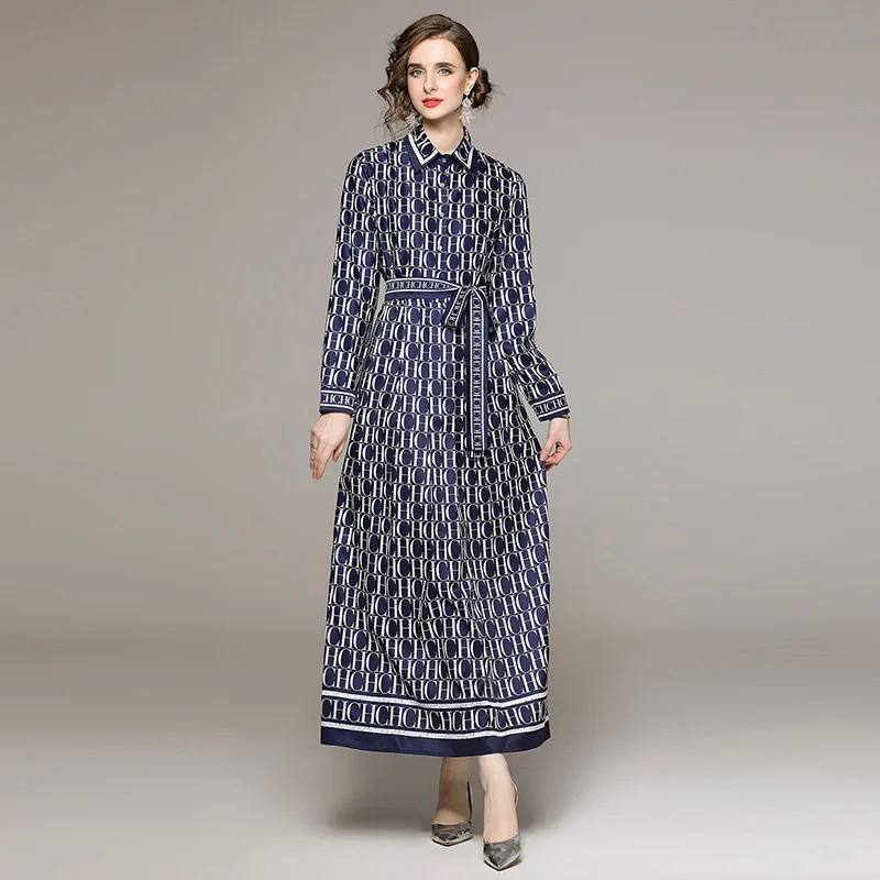 2024 Autumn/Winter New Women\'s Blue Silk Polo Collar Long Sleeve Dress with Letter Printed Loose Waist and Knee length Skirt