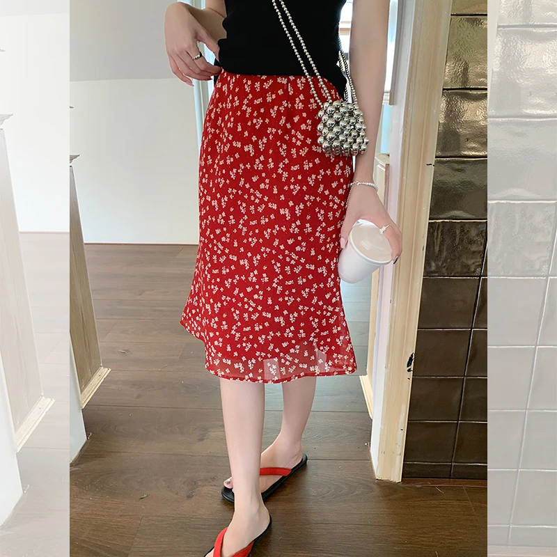

GAODINGLAN Retro Red Floral Print Women Skirts Summer Knee Length Temperament Skirt Versatile Slim Fit Chiffon Skirts Female