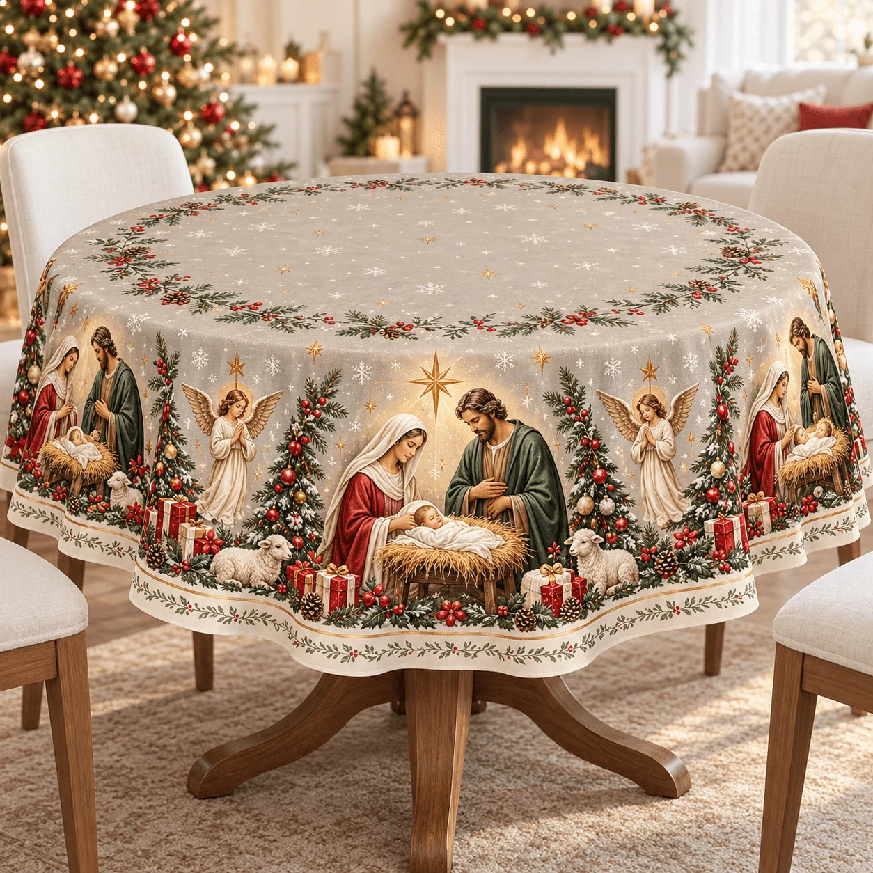 1. Round tablecloth with Christmas atmosphere, nativity scene, angel and sheep print
