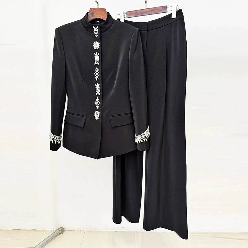 Autumn New Women's Fashionable Temperament Commuting Long Sleeved Nail Bead Studded Diamond Standing Collar Jacket+Long Pant Set