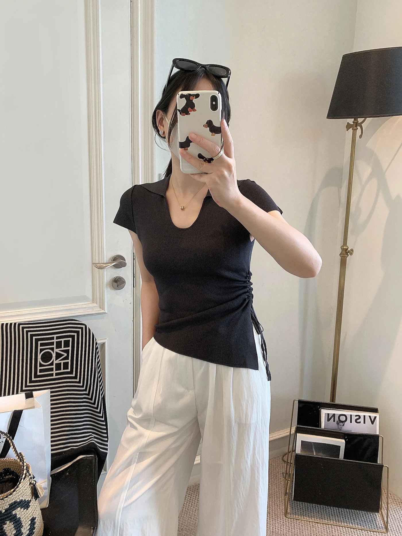 

Ice Silk Knitted ort Sve Women's T-irt Summer New Sle Dstring Asymmetrical Split Korean Sle Commute Pure Color