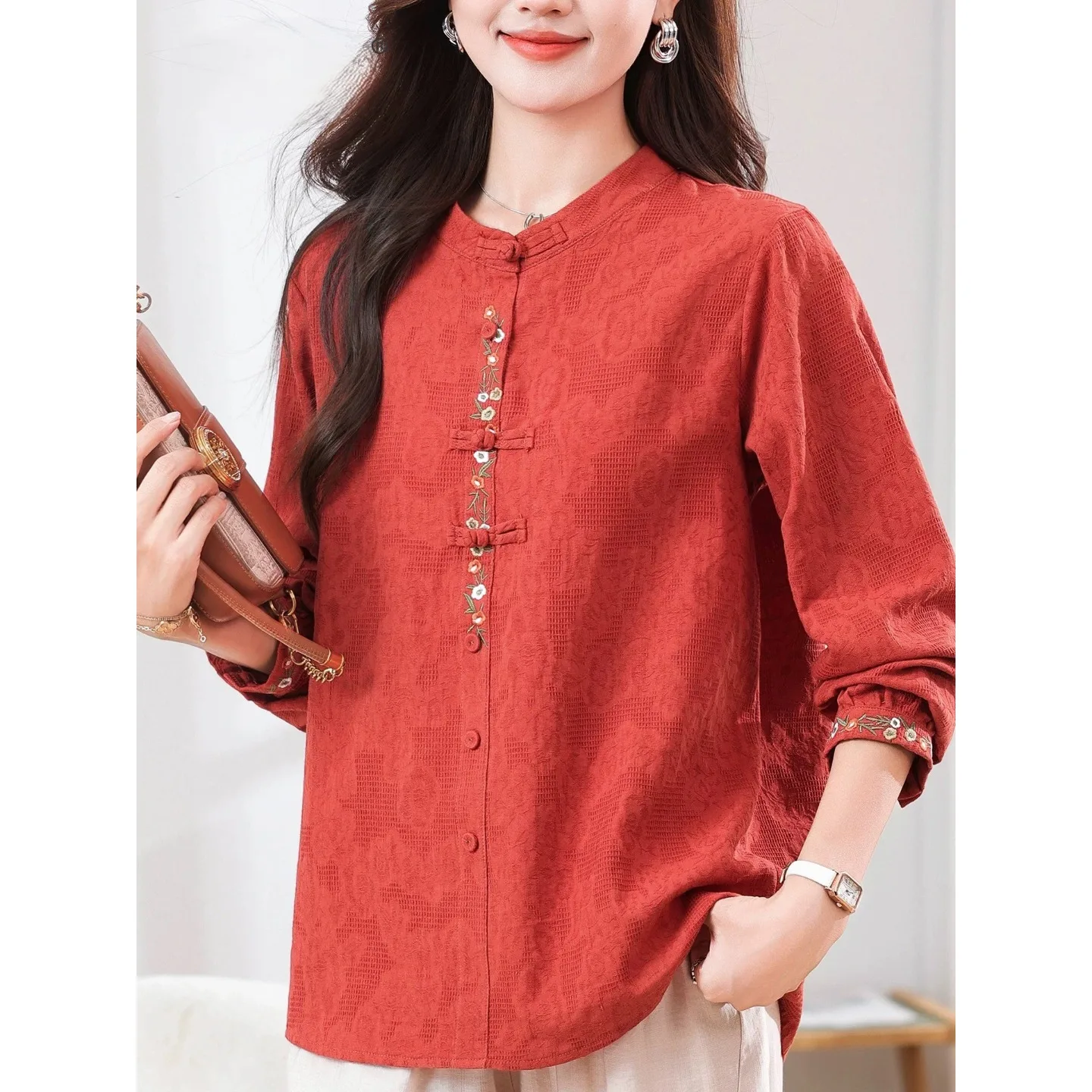 

Elegant Large Size Women's Long Sleeve Shirt Jacket Spring Autumn New Style National Style Embroidered Button up Casual Shirt