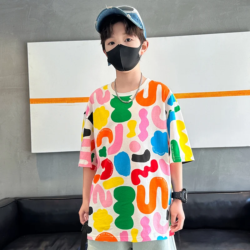 

Kids New Designer Summer Colorful Letter T-shirt for Teen Boy High Fashion Streetwear Tee Tops Child Cotton Multi-Colored Tshirt