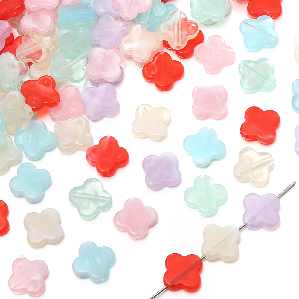 100pcs/lot Lucky Four-leaf Clover Acrylic Beads Colorful Flat Loose Spacer Beads For Jewelry Making DIY Necklace Bracelet