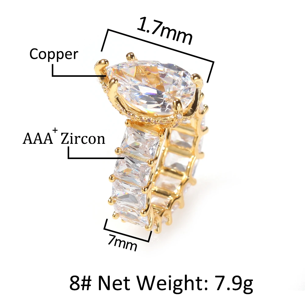 Uwin Big Water Drop Ring Baguetter CZ Pink Full Iced Out Ring Crystal Cubic Zirconia Luxury Women Accessories Jewelry
