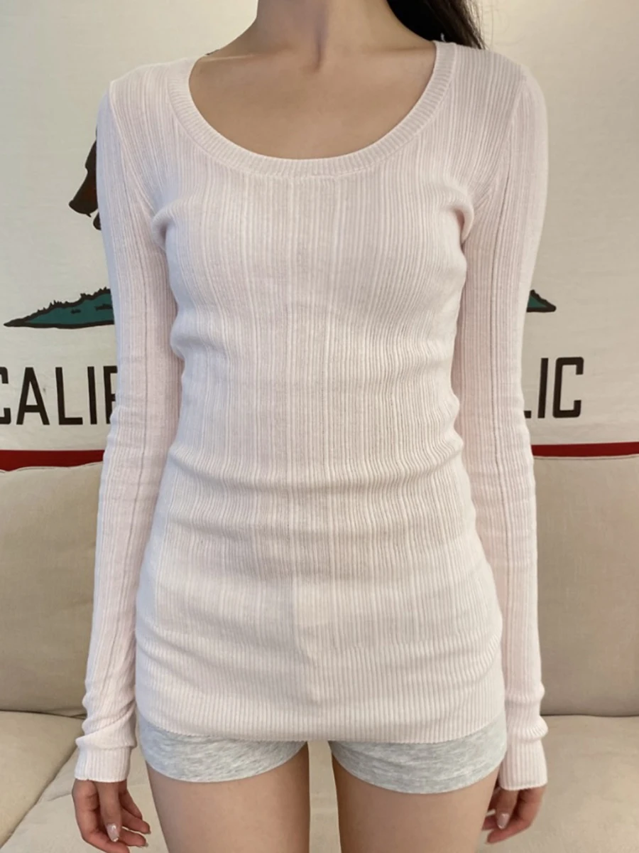 

Розовая тонкая вязаная розовая тонкая длинная футболка для женщин, новый пуловер в рубчик с U-образным воротником и длинными рукавами, уличная одежда, милые милые футболки, топы