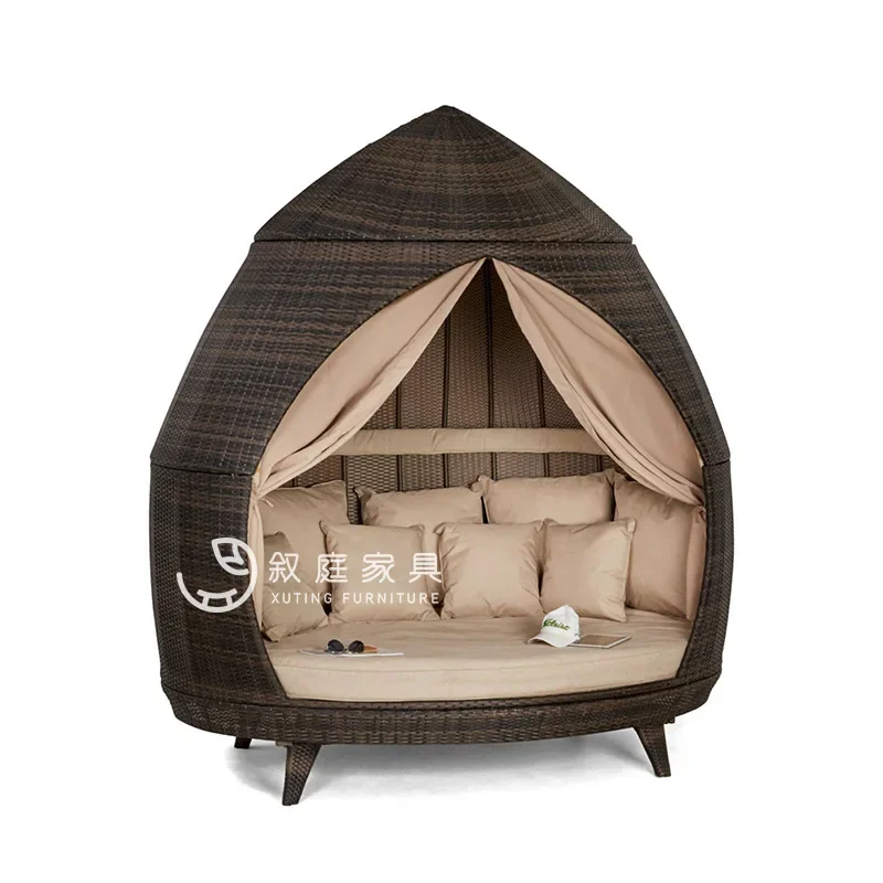 Outdoor bed rattan courtyard garden sofa with curtain sun protection outdoor swimming pool seaside villa small room leisure