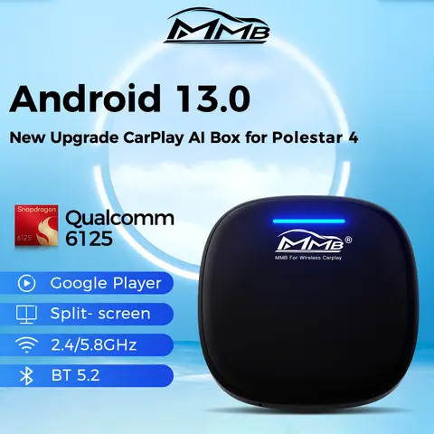 MMB 무선 CarPlay AI 박스 안드로이드 오토 안드로이드 13.0 QCM6125 8코어 BT 5.2 자동 연결 GPS 4G SIM (2024-2025 폴라스타 4용)