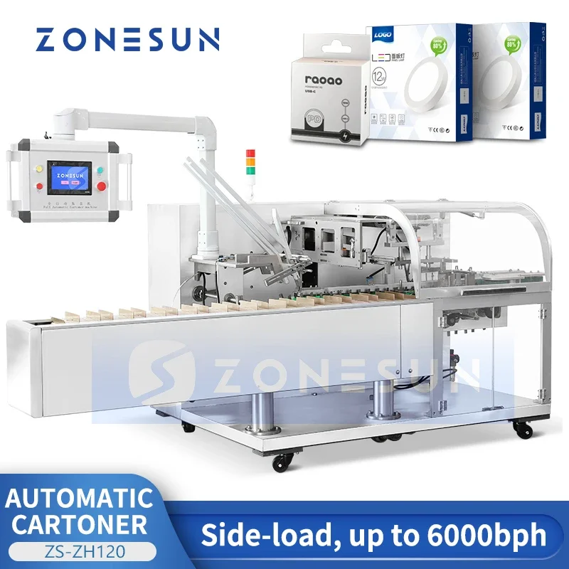 ZONESUN Automatic Horizontal Cartoning Machine Carton Box Feeding Folding Gluing Side Load Cartoner Sealing Packaging ZS-ZH120