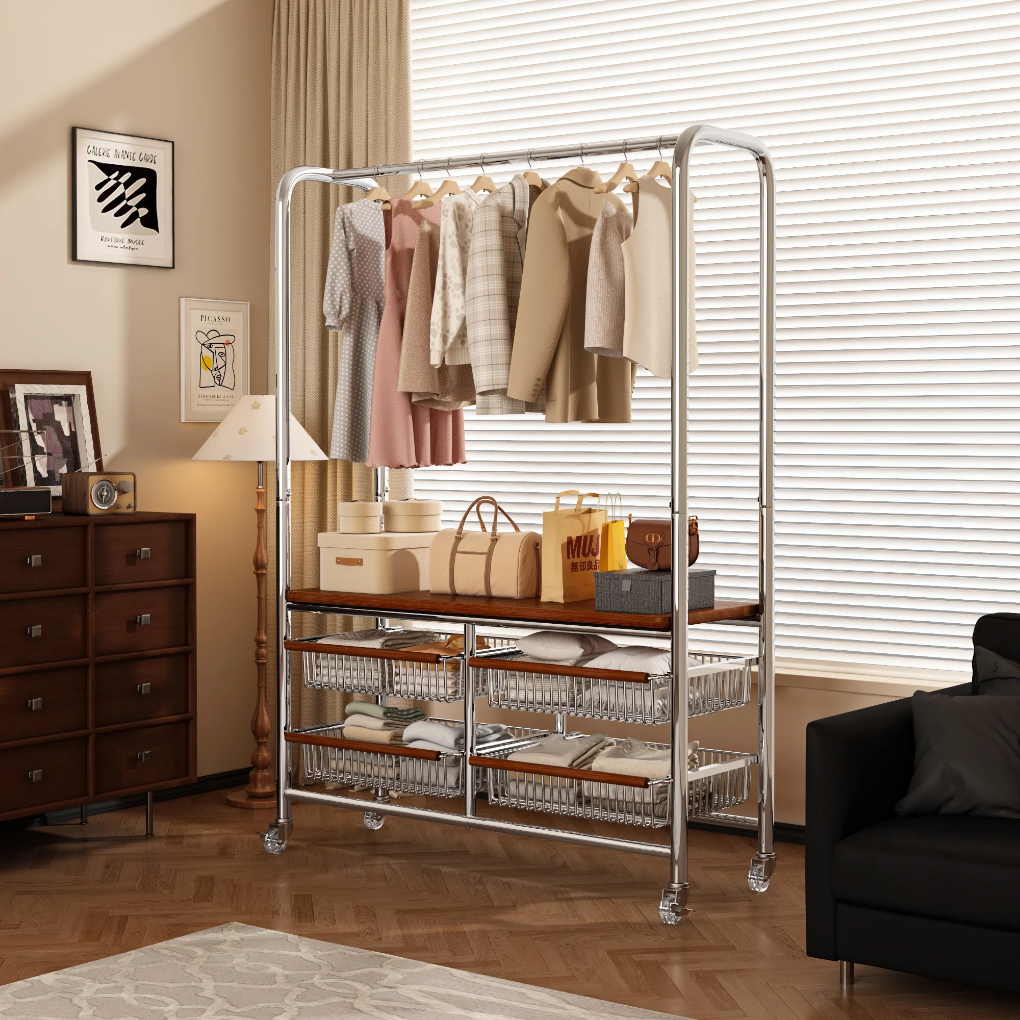 

Vintage Free-Standing Bedroom Clothes Hanger Ra Storage Cabinet Inteated Coat Hook for Home Organization And Care