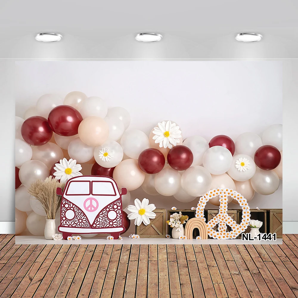 Photography Background Boho Retro Daisy Floral Groovy Balloon Girl Birthday Party Portrait Decor Photo Backdrop Studio