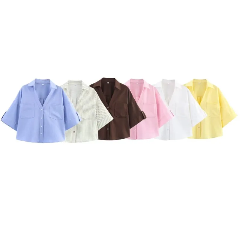

TRAF Women Ctopped Shirt New Fashion Short Sleeve Shirts With Button Casual Tops Button Woman Blouses & Shirts