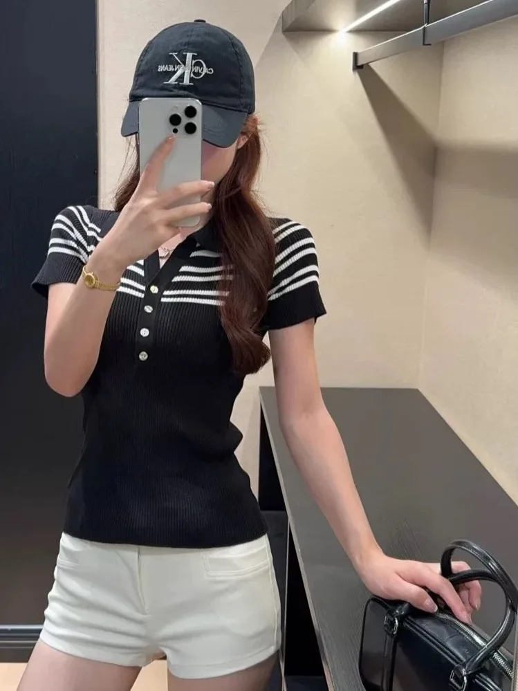 

Black White Contrast Color Stripes Neck T-Shirt Women's Summer Short Sleeve Knitted Tight Elastic Korean Style Top